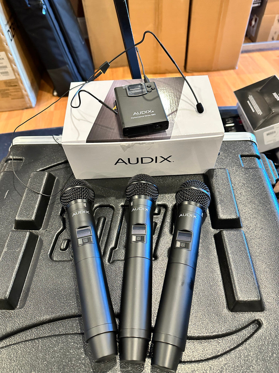 Audix 3 channel wireless microphones bodypack case headset power conditioner
