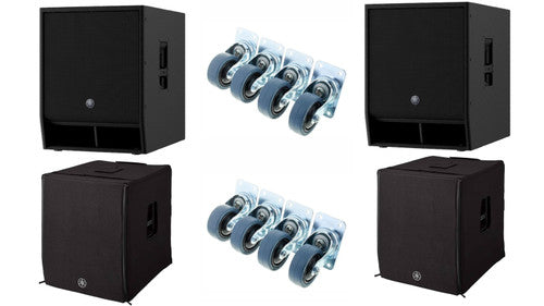 2 Yamaha DXS18XLF-D 18" powered subwoofers, casters, and covers
