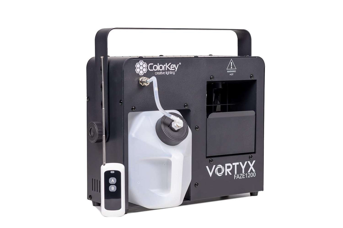 ColorKey Vortyx Faze 1200 with fluid tank, mounting bracket, and RF remote
