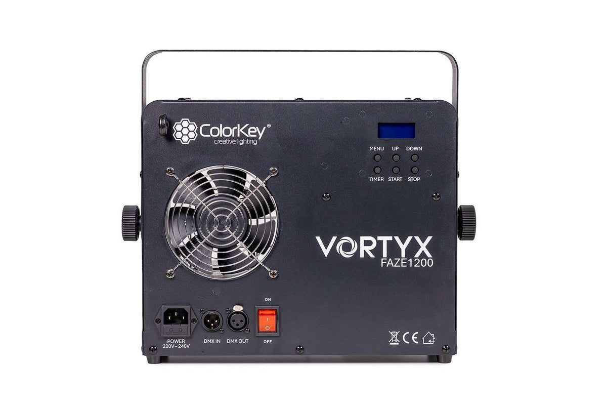 Rear view of ColorKey Vortyx Faze 1200 showing fan, display, controls, and DMX connections