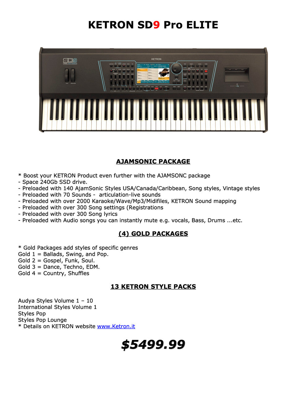 Ketron SD9 Pro Elite 76 key arranger workstation