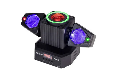 Angled view of ColorKey BeBe FX with illuminated LED heads and green halo around the central dome
